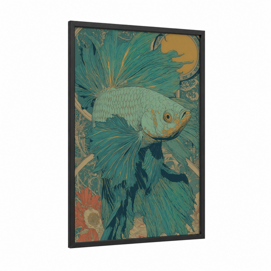 Turquoise Betta Fish framed art print — black wood frame — teal and gold palette