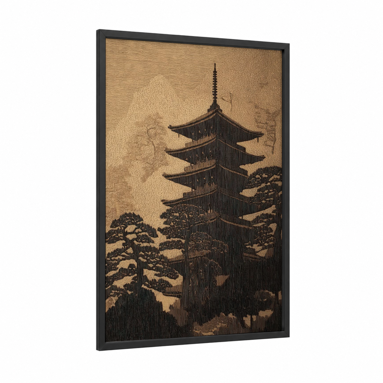 Pagoda Woodcarving framed art print — black wood frame — black and white and cream palette