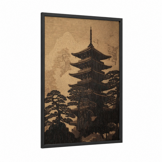 Pagoda Woodcarving framed art print — black wood frame — black and white and cream palette