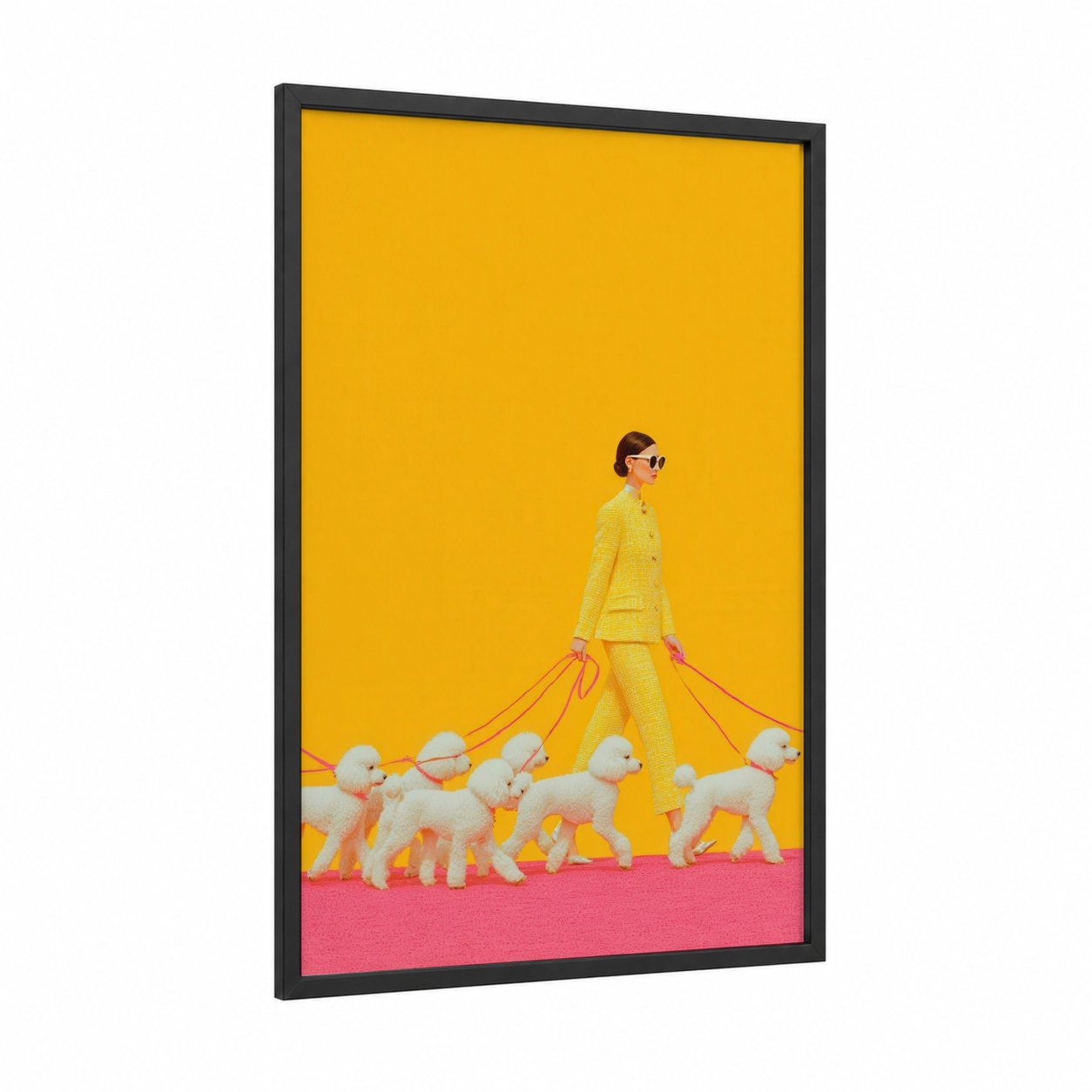 Yellow Power Walk framed women's fashion print — black wood frame — yellow gold and pink palette