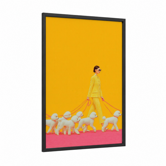 Yellow Power Walk framed women's fashion print — black wood frame — yellow gold and pink palette