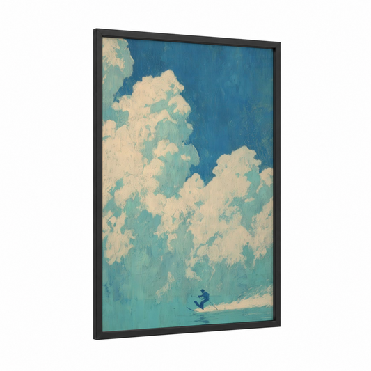 Turquoise Sky Skier framed water skiing print — black wood frame — teal and cream palette