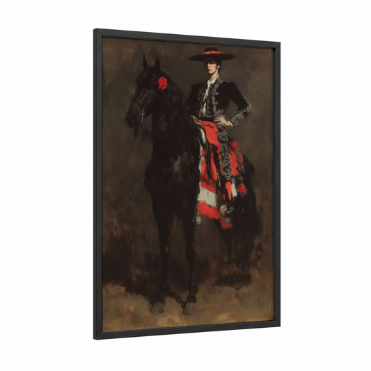 Flamenco Andalusian framed andalusian horse print — black wood frame — black and red and maroon palette