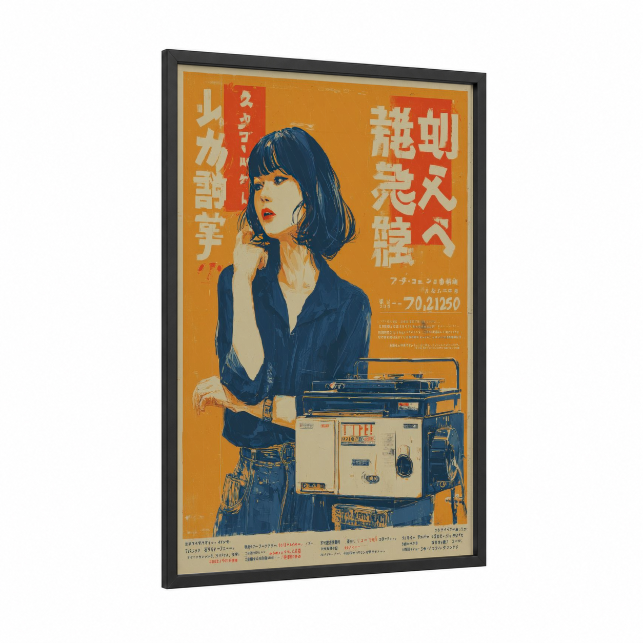 Retro Typewriter Girl framed vintage japanese ads print — black wood frame — gold and dark blue palette