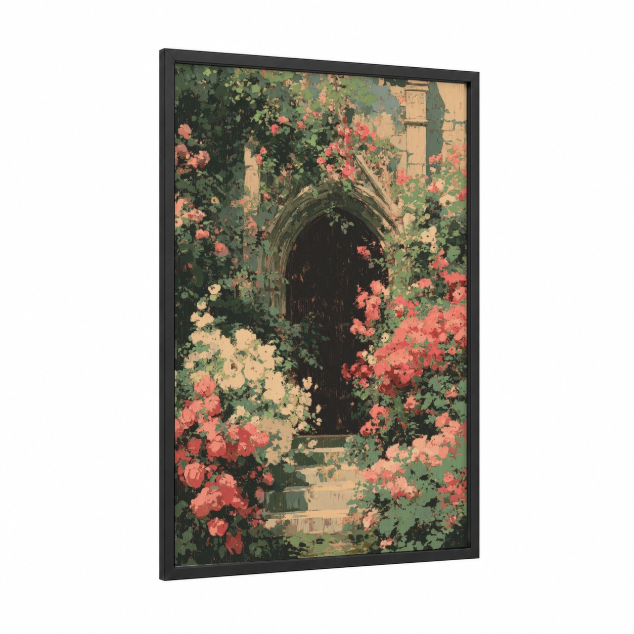 Floral Cathedral Arch framed art print — black wood frame — salmon pink and cream palette