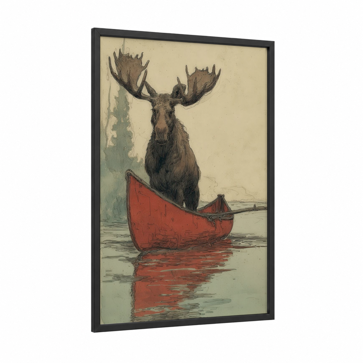 Boatside Moose framed art print — black wood frame — sage green and cream palette