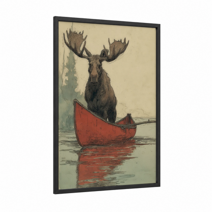 Boatside Moose framed art print — black wood frame — sage green and cream palette