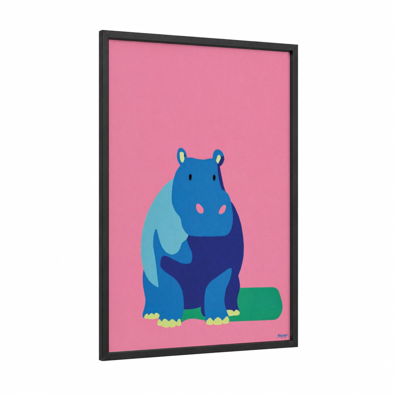 Blue Hippo Illustration framed art print — black wood frame — blue and pink palette
