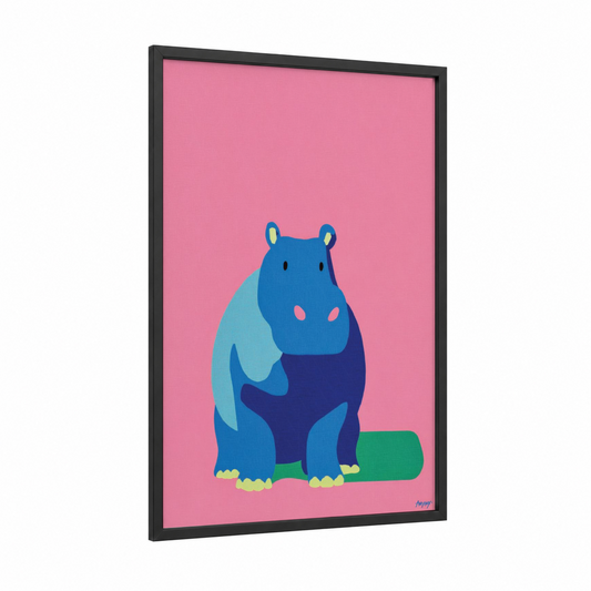 Blue Hippo Illustration framed art print — black wood frame — blue and pink palette