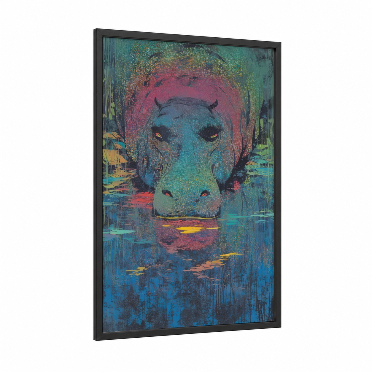 Neon Hippo framed art print — black wood frame — magenta and turquoise palette
