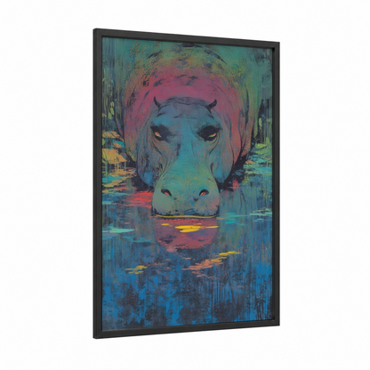 Neon Hippo framed art print — black wood frame — magenta and turquoise palette