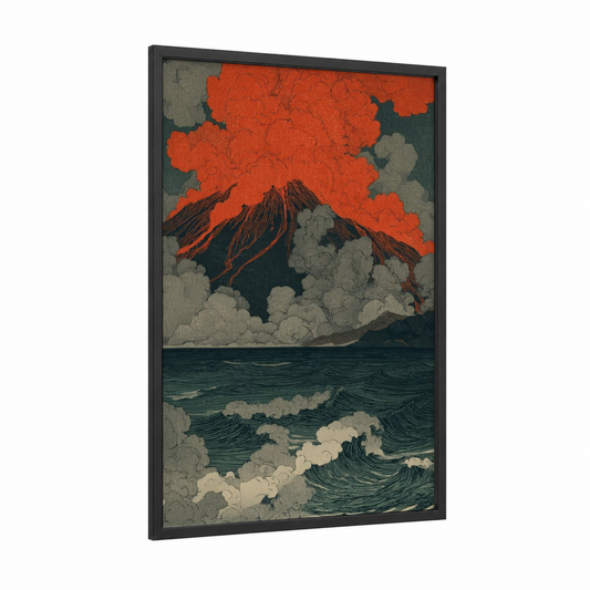 Crimson Volcano Eruption framed art print — black wood frame — red and teal palette