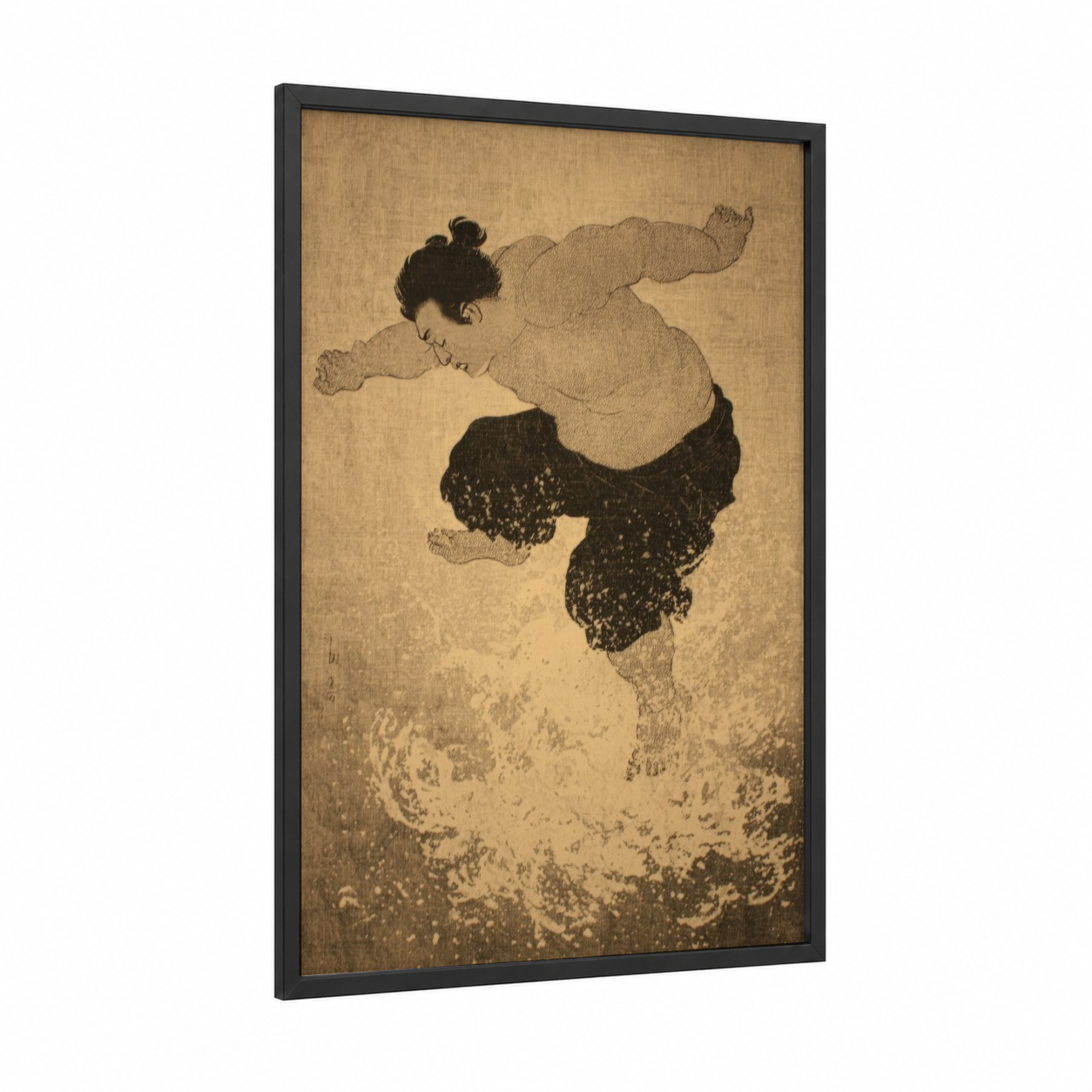 Dynamic Wrestler framed wrestling print — black wood frame — beige and black palette