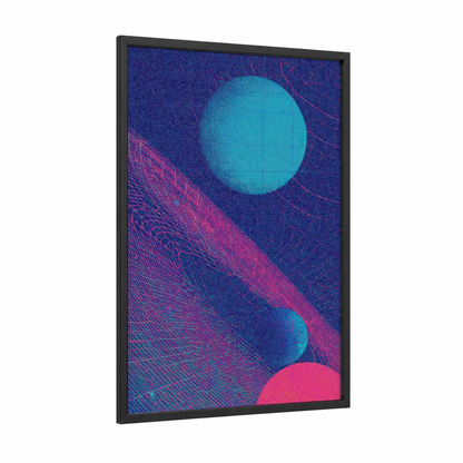 Neon Star Orbit framed art print — black wood frame — blue and teal palette
