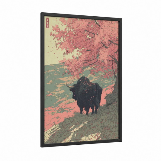 Cherry Blossom Yak framed art print — black wood frame — pink and sage green palette