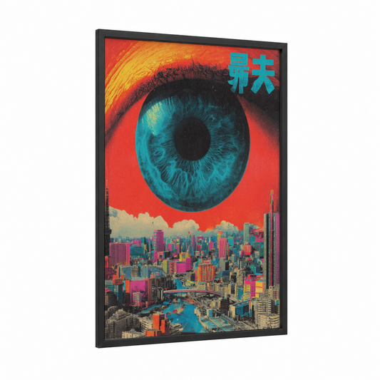 Urban Psychedelic Eye framed japanese psychedelic print — black wood frame — red and teal palette