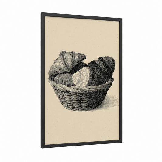 Basket Croissants framed baking print — black wood frame — black and white and cream palette