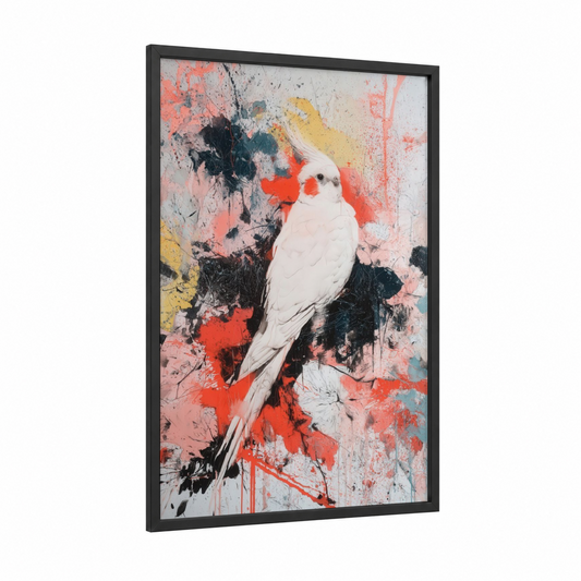 Splash Cockatiel framed art print — black wood frame — black and red and gold palette