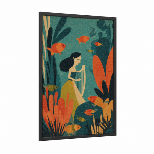 Underwater Siren framed art print — black wood frame — teal and orange palette