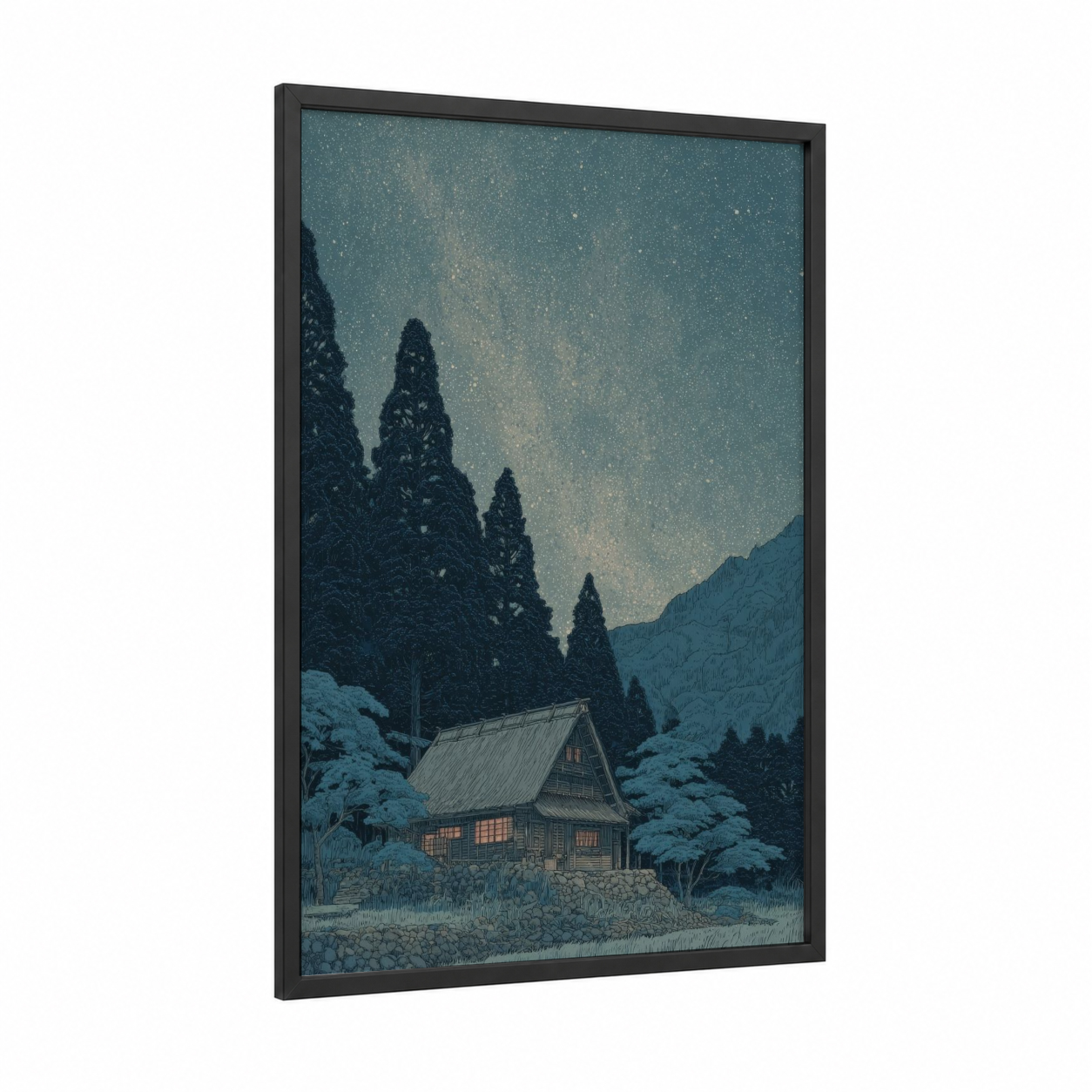 Starlit Mountain Cabin framed house print — black wood frame — dark blue and blue and white palette
