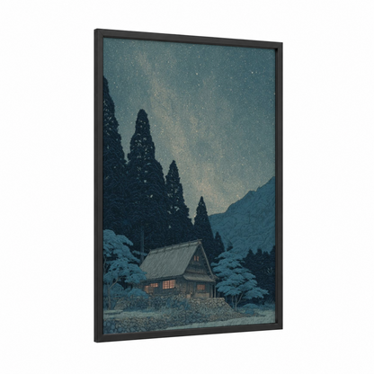 Starlit Mountain Cabin framed house print — black wood frame — dark blue and blue and white palette
