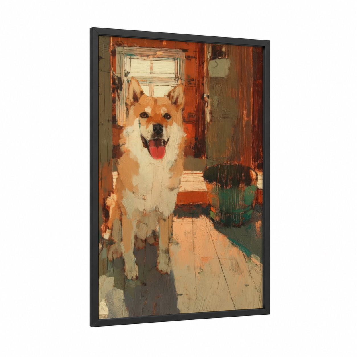 Smiling Spitz framed art print — black wood frame — gold and cream palette