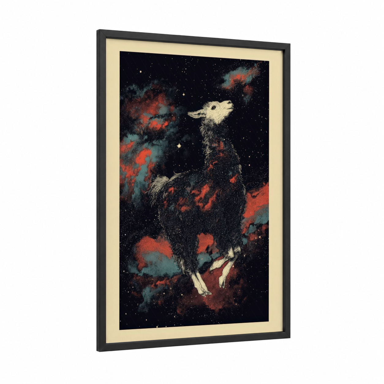 Cosmic Llama framed art print — black wood frame — black and red palette