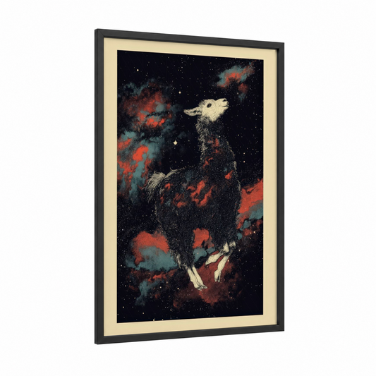 Cosmic Llama framed art print — black wood frame — black and red palette