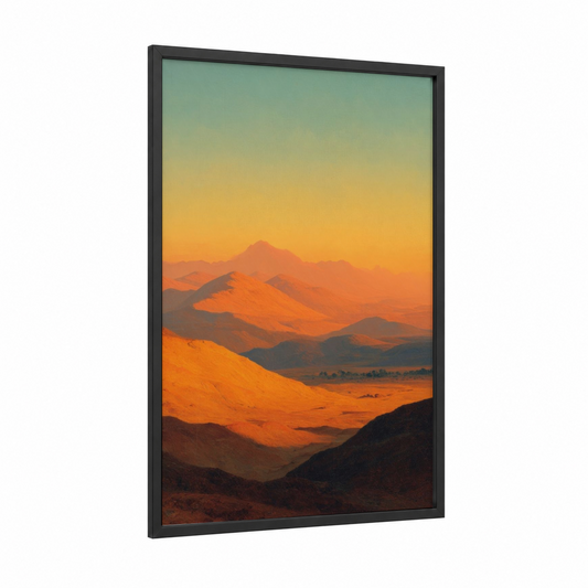 Golden Desert Sunrise framed judaism print — black wood frame — gold and orange palette