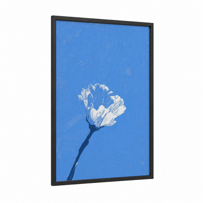 Azure Blossom framed abstract flower print — black wood frame — blue and white palette