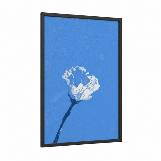 Azure Blossom framed abstract flower print — black wood frame — blue and white palette