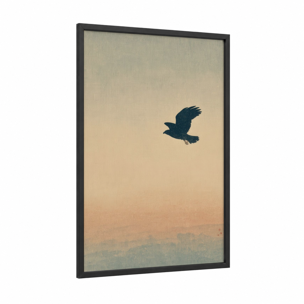 Dawn Raven framed morning sky print — black wood frame — peach and cream palette