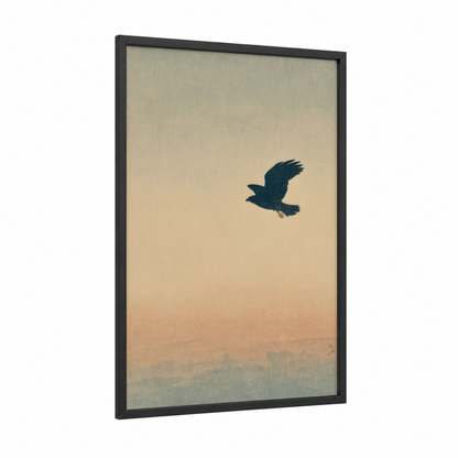 Dawn Raven framed morning sky print — black wood frame — peach and cream palette