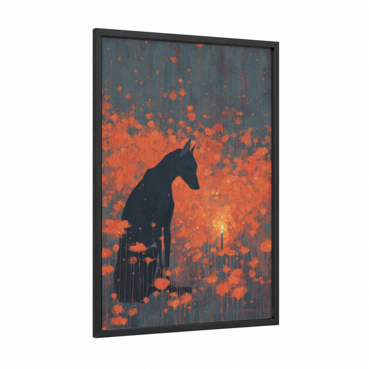 Solitary Vigil framed dia de los muertos print — black wood frame — red and dove gray palette