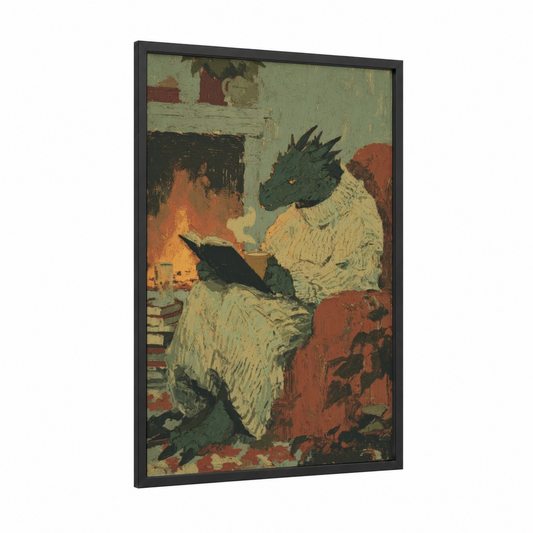 Reading Dragon framed art print — black wood frame — sage green and russet palette