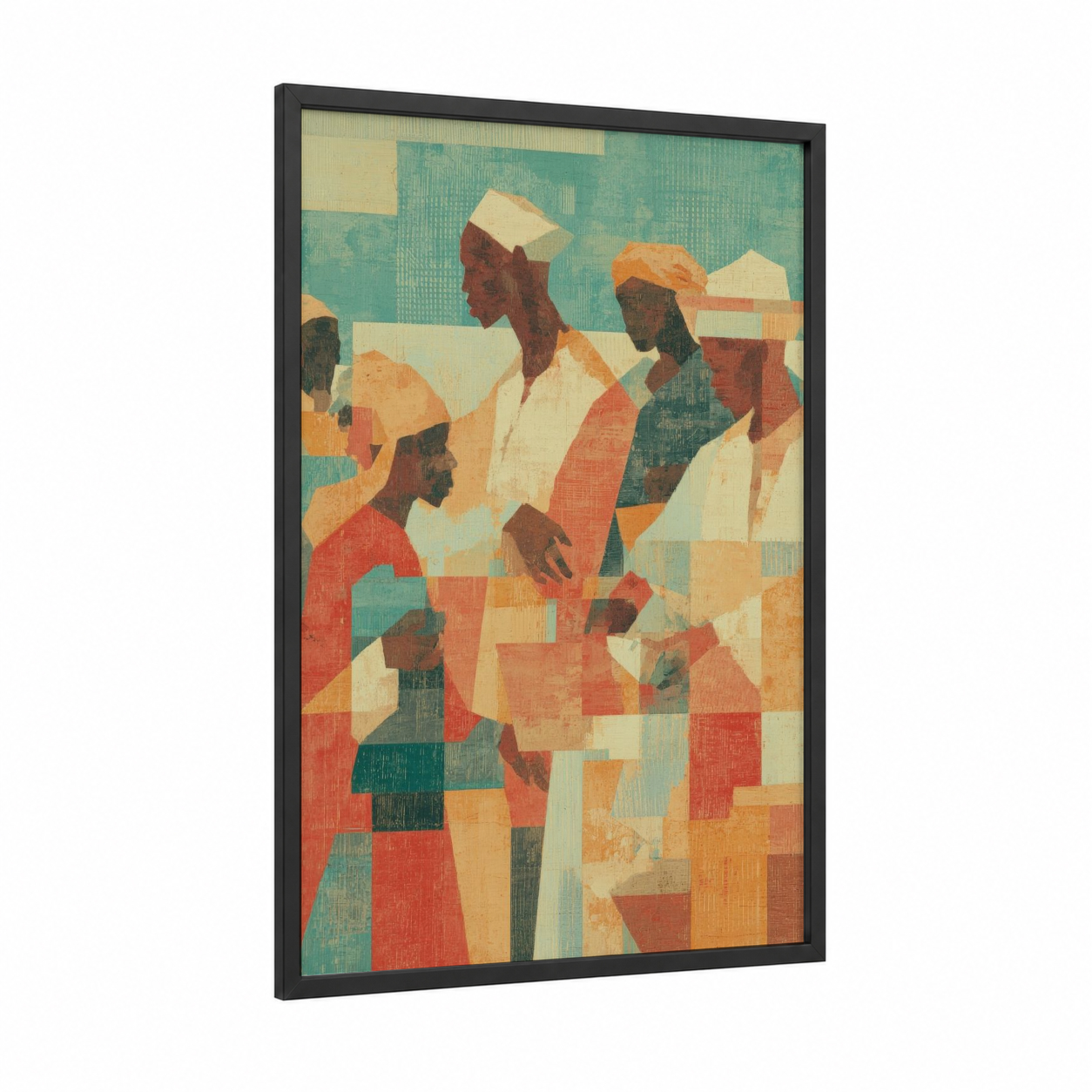 Kwanzaa Gathering framed art print — black wood frame — orange and teal palette