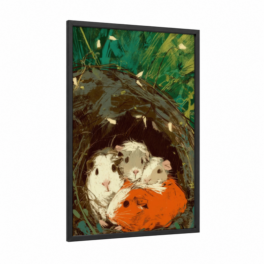 Cozy Guinea Pig Trio framed art print — black wood frame — true green and gold palette