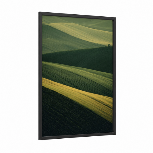 Golden Meadow Waves framed green field print — black wood frame — light green and yellow gold palette