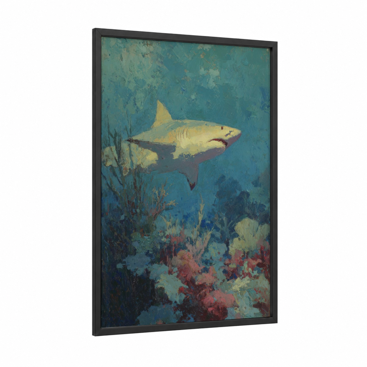 Lemon Shark Coral framed art print — black wood frame — blue and russet palette