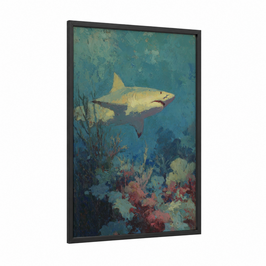 Lemon Shark Coral framed art print — black wood frame — blue and russet palette