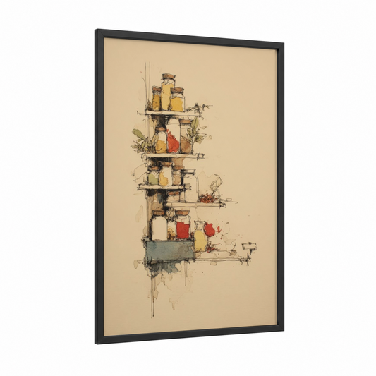 Pantry Shelf Study framed herbs and spices print — black wood frame — cream and gold palette