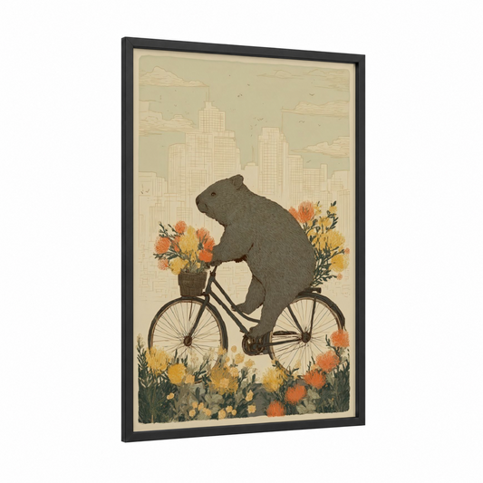Urban Wombat framed art print — black wood frame — cream and gold and pink palette