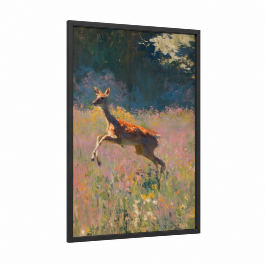 Wildflower Antelope framed art print — black wood frame — pink and gold palette