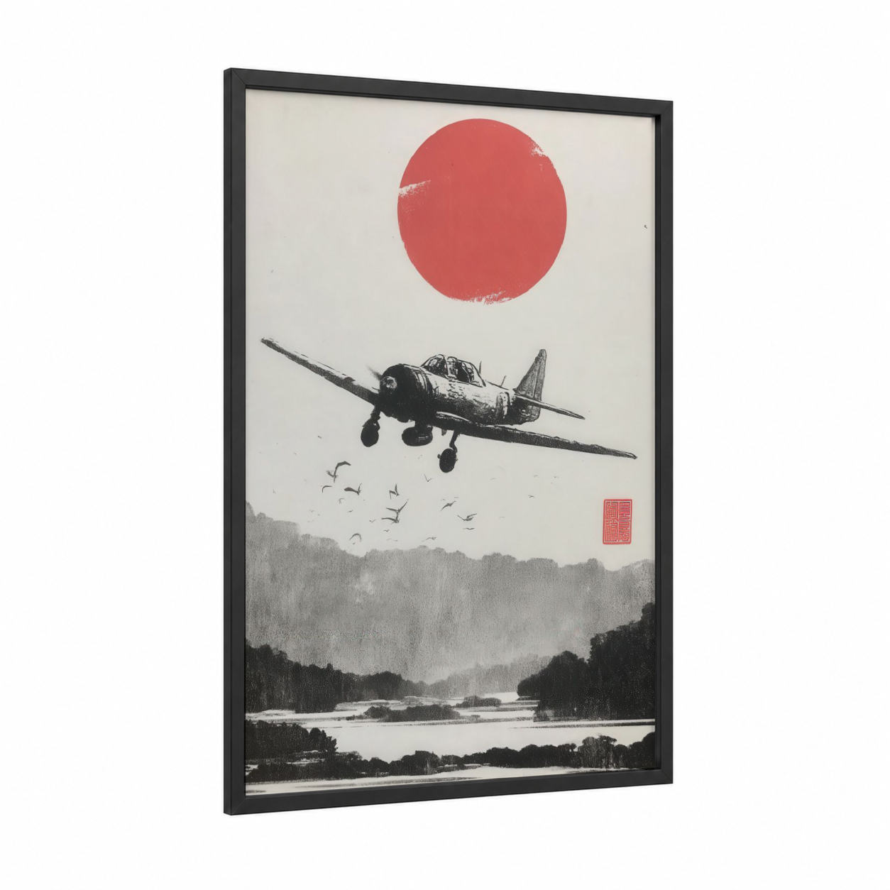 Rising Sun Warbird framed vintage airplane print — black wood frame — black and white and red palette