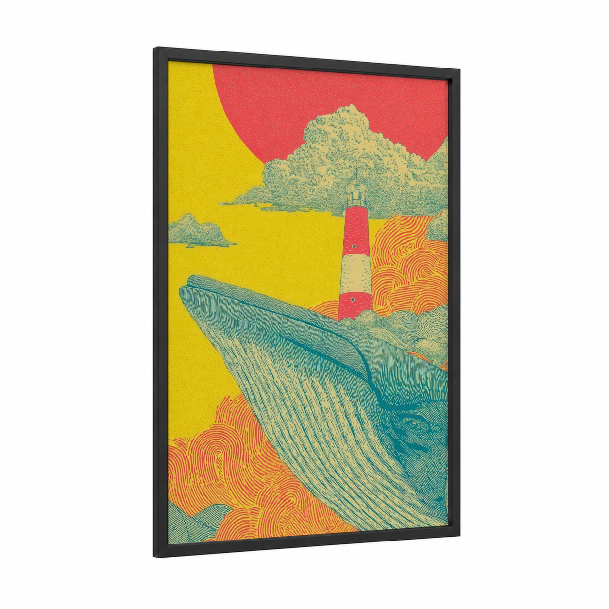 Lighthouse Whale framed sperm whale print — black wood frame — yellow gold and orange palette