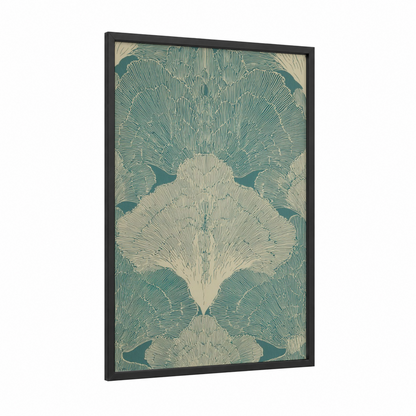 Teal Coral Symmetry framed art print — black wood frame — teal and cream palette