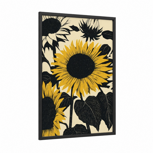 Golden Sunflower framed sunflower field print — black wood frame — yellow gold and black palette