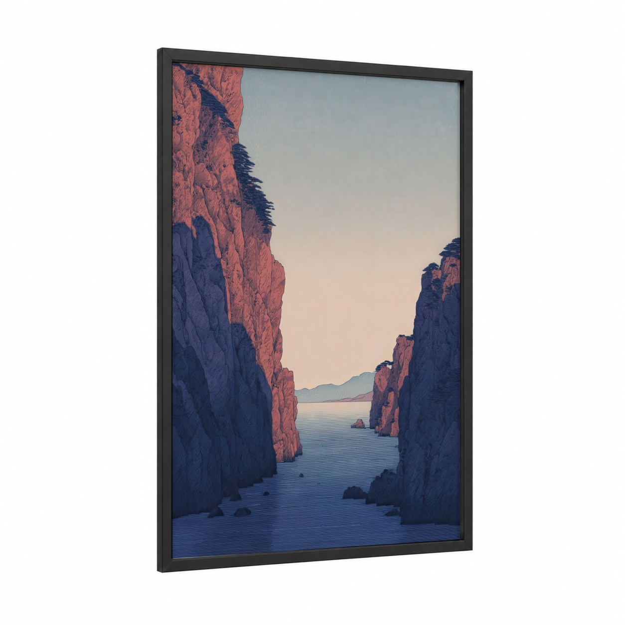 Coastal Canyon Passage framed art print — black wood frame — russet and blue palette