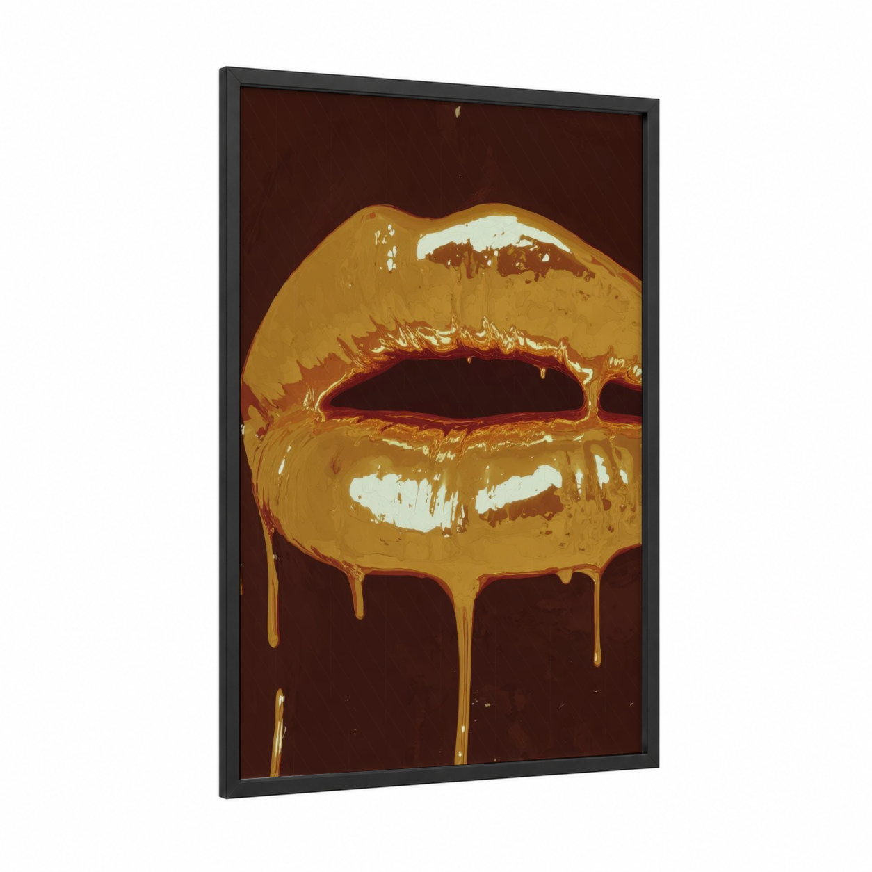 Golden Lip Drip framed art print — black wood frame — gold and maroon palette