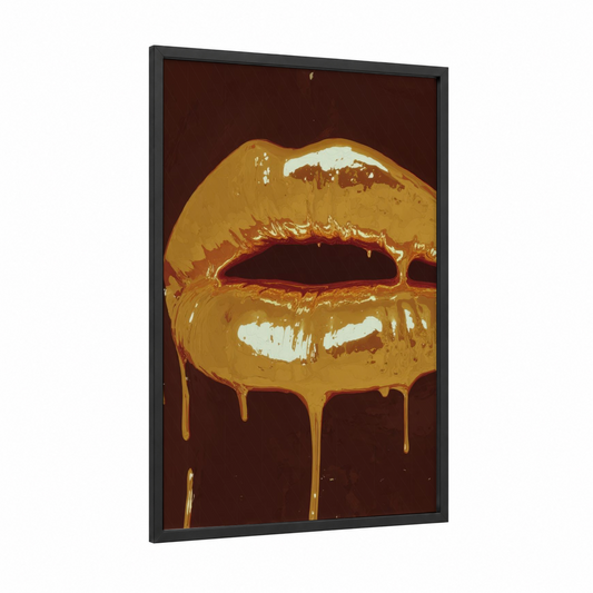 Golden Lip Drip framed art print — black wood frame — gold and maroon palette